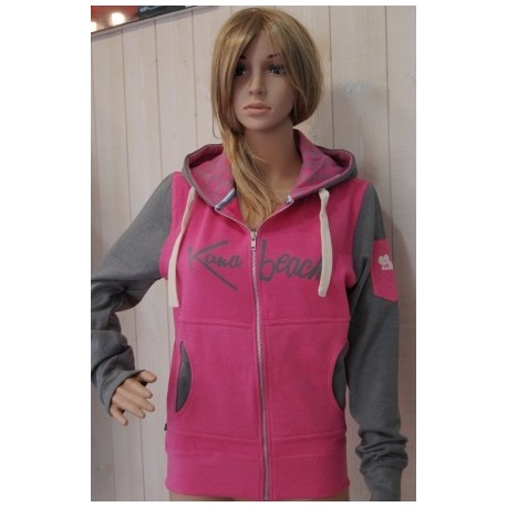 KanaBeach Print and Embroidery Gray Fushia Women's Zip Hoodie