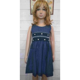 NAEL Hand Embroidered Handmade Smocked Child Dress Blue with White Dots