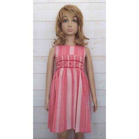 Hand-Embroidered Hand-Embroidered Child's Dress Aélya Striped Pink
