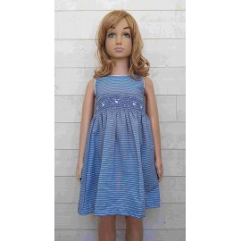 Robe Enfant à Smocks Artisanale Brodé Main Océane Rayé Bleu