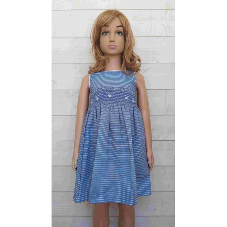 Robe Enfant à Smocks Artisanale Brodé Main Océane Rayé Bleu