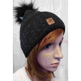 HIGHLANDS CROSS Roselyn Women's Beanie Fake Fur Pompon Black