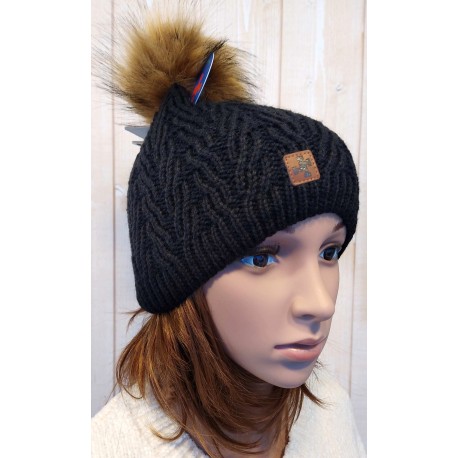 Bonnet Femme HIGHLANDS CROSS Roselyn 017 Pompon Fausse Fourrure Noir