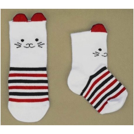 Chaussettes Bebé Papylou Chausschat Blanc Rayé Rouge et Noir