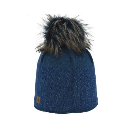 Bonnet Femme HIGHLANDS CROSS Roselyn 004 Pompon Fausse Fourrure Bleu