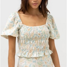 Women's Top RHYTHM Paloma Floral Smocked Top Aqua Haze