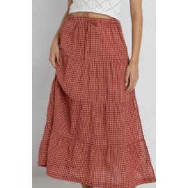 RHYTHM Lola Check Tiered Maxi Skirt in Red