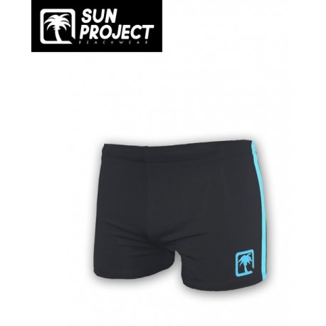 SUN PROJECT Men's Boxer Swimsuit Black with Turquoise Blue Stripe