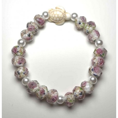 Bracelet MISS CELTIC Création Perle Tortue et Perles Fleurs Dorées Roses